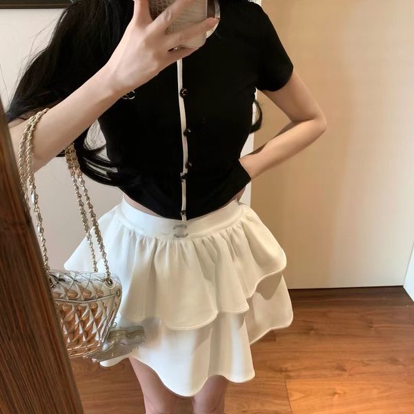 

two piece set women outfit knitted suits croptop Woman channe vintage two C letters classic embroidery button design top Short ruffled skirt suit, Black t