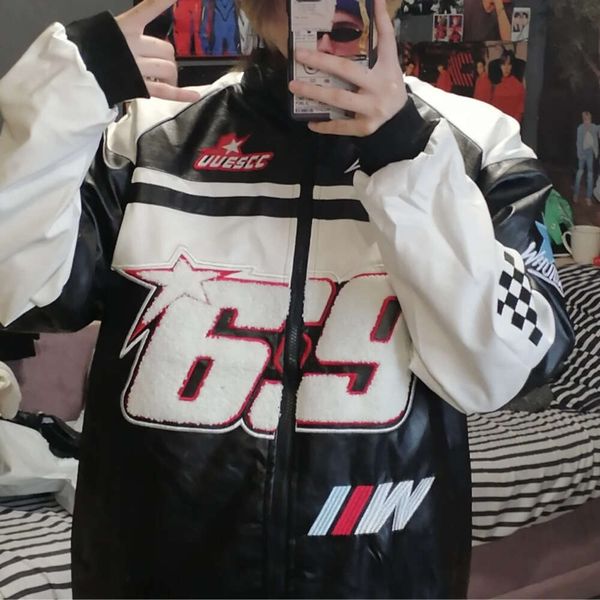 

Womens leather Jackets bomber racing jacket bomber women outerwear PU coats vintage varsity racing American oversize baseball Jacket design new outfits winter, Black