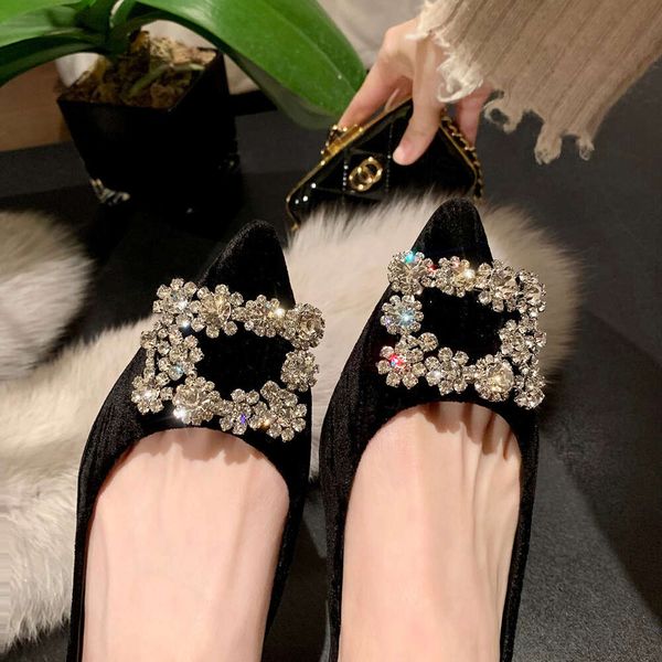 

Grape Mom Same French Velvet Flat Bottom Shallow Mouth Pointed Square Buckle Flash Diamond Single Shoes Wedding Shoes Womens Large Size Womens Shoes 4143, Pink (flat bottom)