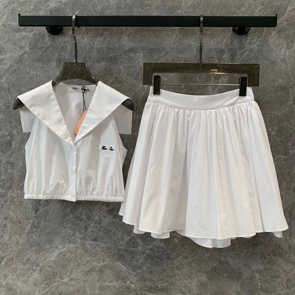 

sets for women outfits 2piece set miui skirt set summer New navy style short sleeveless shirt white pleated skirt suit