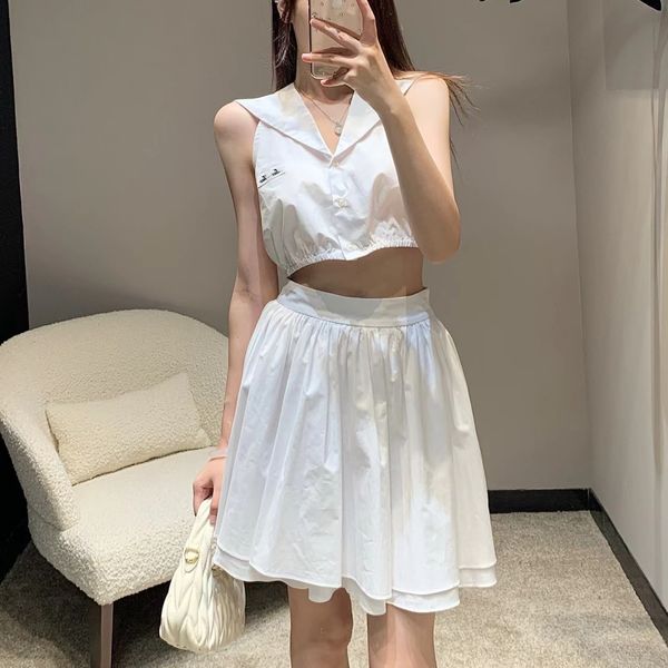 

2piece set miui skirt set sets for women outfits 24ss NewDesigned letter embroidery logo navy style short lapel sleeveless shirt white pleated skirt suit