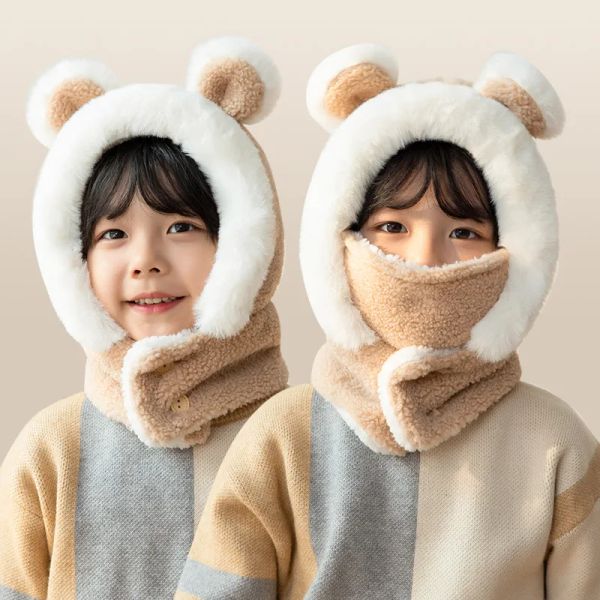 

New Children's Hat Cartoon Bear Ear Flags Pullover Cap for Boys and Girls' Baby Winter Hats Scarf Kids Plush Warm Cute Fur Cap
