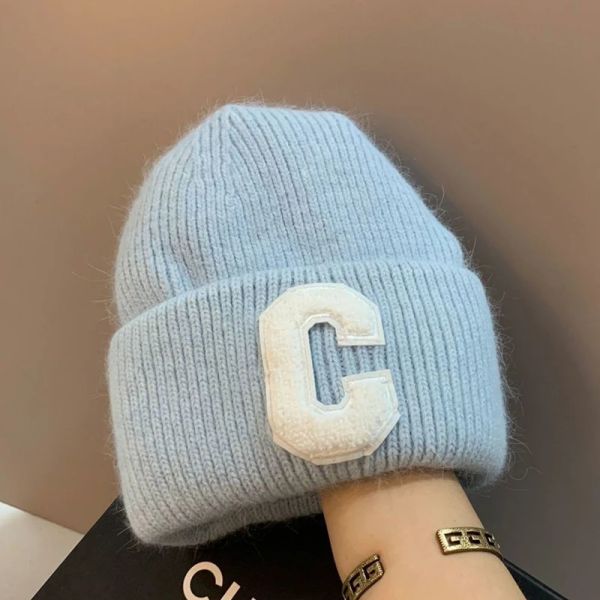 

New Angora Rabbit Fur Pullover Hat for Women Simple C Letter Brand Beanie Winter Warm Girls Knitted Hedging Cap, Sky blue