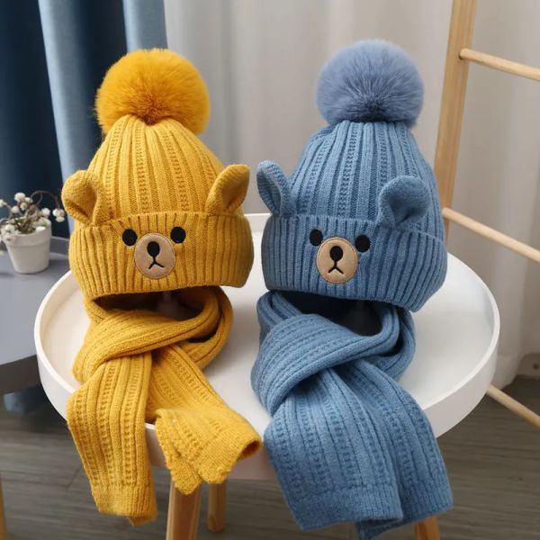 

Children Girls Boys Hat Scarf Set Baby PomPom Beanies Hat Plus Velvet Kid Winter Warm Toddler Pullover Knitted Hat 3 5 7 9 Years