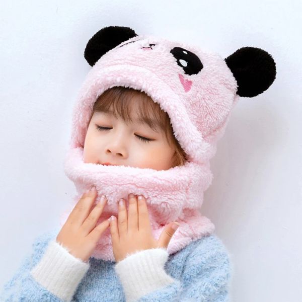 

Cute Cartoon Panda Baby Hat with Scarf Winter Velvet Plush Thick Warm Beanie Cap Children Full Cover Earflap Hood
