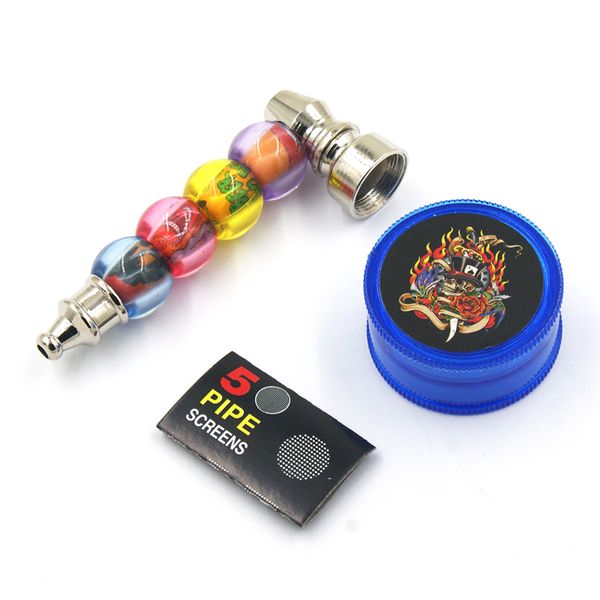 

Colorful Bead Tobacco Pipe Detachable Metal Pipe with Herb Grinders Sliver Mesh Screen Smoking Pipes