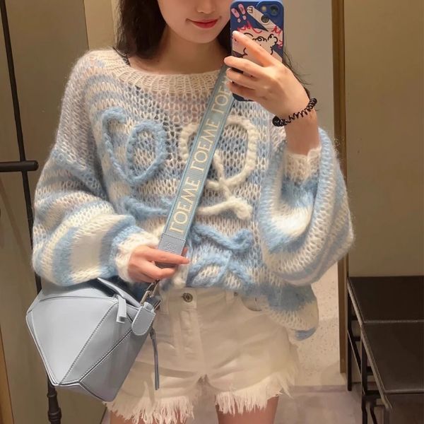 

Oversized Knitted Rainbow Women's Fashion Striped Contrast Color Round Neck Pullover Casual Loose Cute Sweater, A2