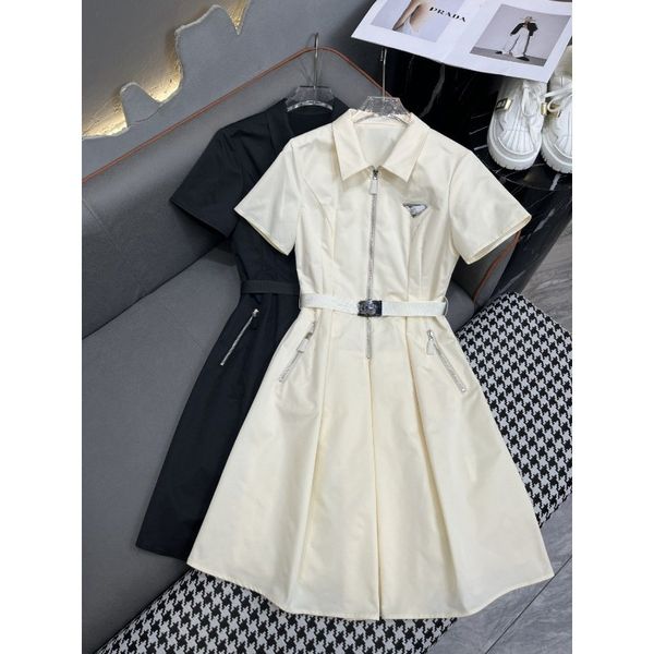 

Dress Summer New Short Sleeve Front Centre Zip Large Hem Triangle Label Matching Belt, Black