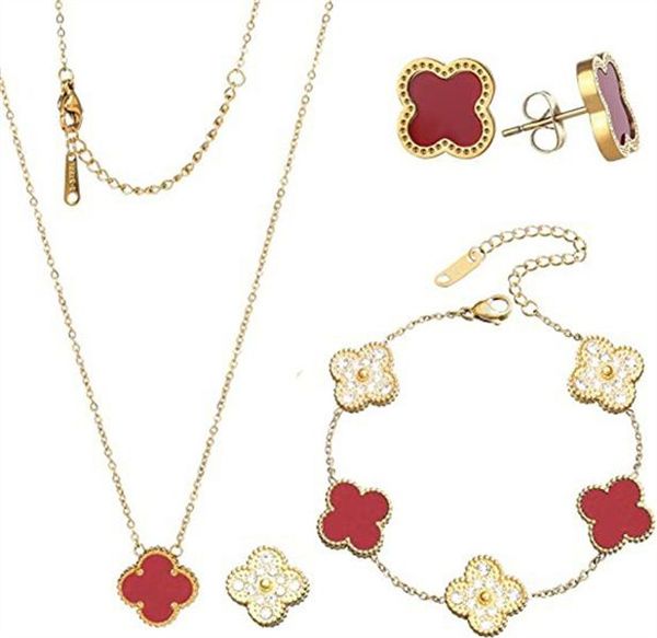 

4 Four Clover Luxury Designer Necklace Jewelry Set Pendant Necklaces Bracelet Stud Earring Women ChristmValentine's Day Birthday Gifts Three-piece Set