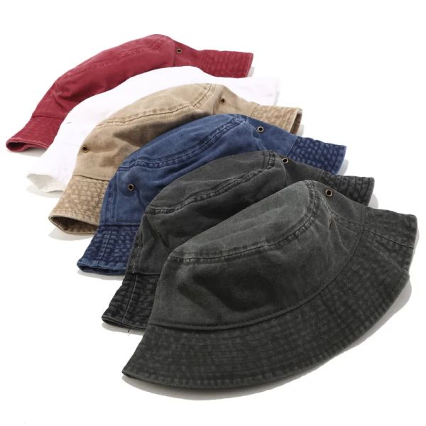 

New Fisherman Hat Vintage Denim Bucket Hats Outdoor Men Women Washed Cotton Panama Hat Fashion Hip Hop Gorros Bob Hat, Red