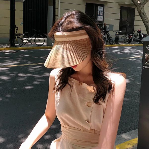 

Women Summer Hat Outdoor Sun Protective Ponytail Straw Hat Face Transparent Visor Cap Handmade Natural Spring Sun Visor, Black
