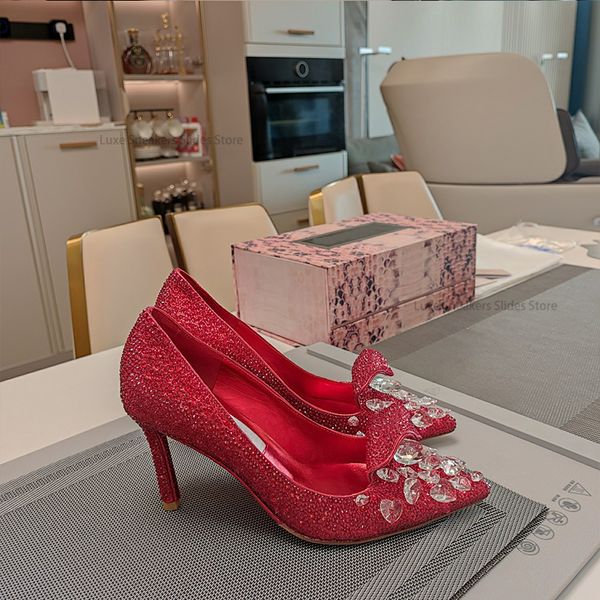 

Red Heel Pumps with heart rhinestones point toe Stiletto Heels Slip-On 8.5cm high shoe Party Evening wedding Dress shoes Womens luxury designer factory footwear16, Silver