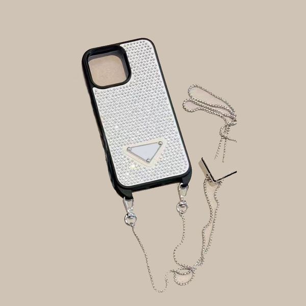 Designer Bling Rhinestone Phone Case for Apple iPhone 15 Pro Max 14 Luxury Glitter Diamond Chains Crossbody Soft Shell Crystal Back Cover Coque Fundas White Leather
