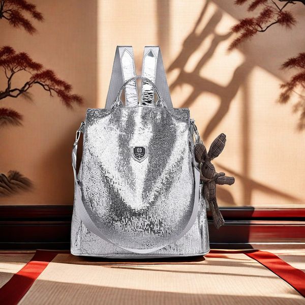 

Wholesale women's shoulder bag niche popular sequin fashion handbags daily Joker solid color Oxford leisure backpack anti theft lightweight women backpack 9333#, Regular style - silver
