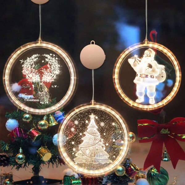 

String 3D Hanging LED Christmas Bell Snowflake Elk Colored Battery Light Display Window Decoration