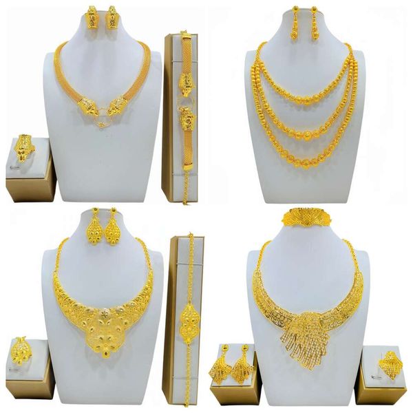 

Jewelry with gold droplets and diamonds, bride's wedding necklace, earrings, rings, bracelets, four piece jewelry set