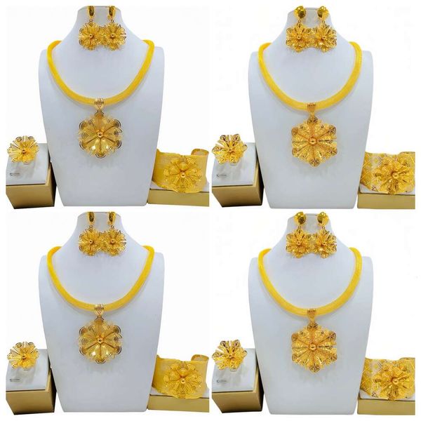 

Gold Plated Brass Flower Pendant Bracelet Earring Ring Four piece Jewelry Set Suitable For Wedding And Elegant Evening Parties