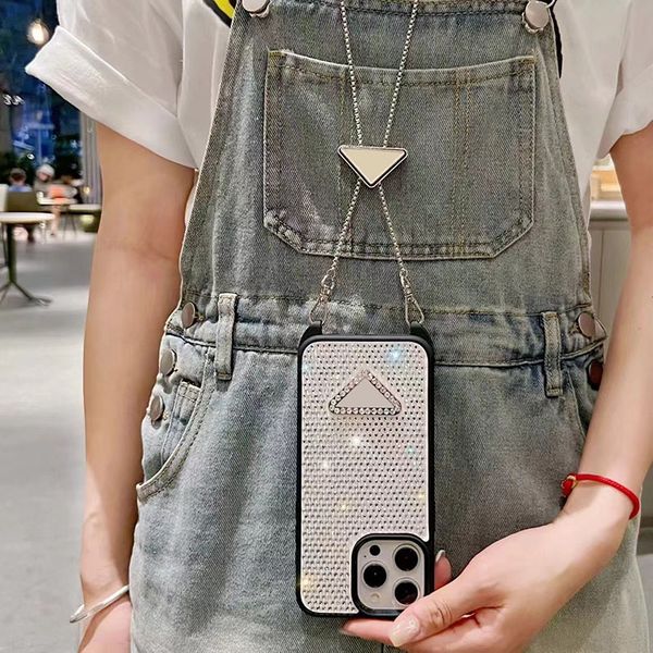 Designer Bling Rhinestone Phone Case for Apple iPhone 15 Pro Max 14 Luxury Glitter Diamond Chains Crossbody Soft Shell Crystal Back Cover Coque Fundas White Crystal