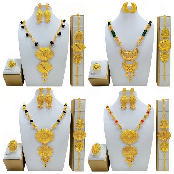 

Dubai Gold Bride Wedding Jewelry Set Women's Dinner Necklace Earrings Ring Bracelet