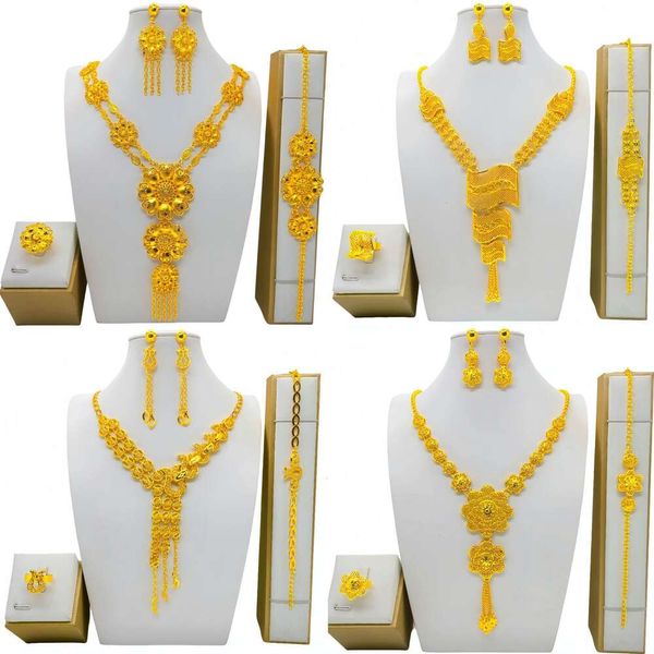 

Dubai Wedding Jewelry Set with Ethnic Style, Brass Plated Gold Imitation Necklace, Earrings, Ring Bracelet