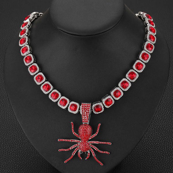 

HipHop Neskiace Chains Necklaces Creative Fashion Personality Red Spider Pendant Square Rock Sugar Diamond Cuban Chain Halloween Party Necklace