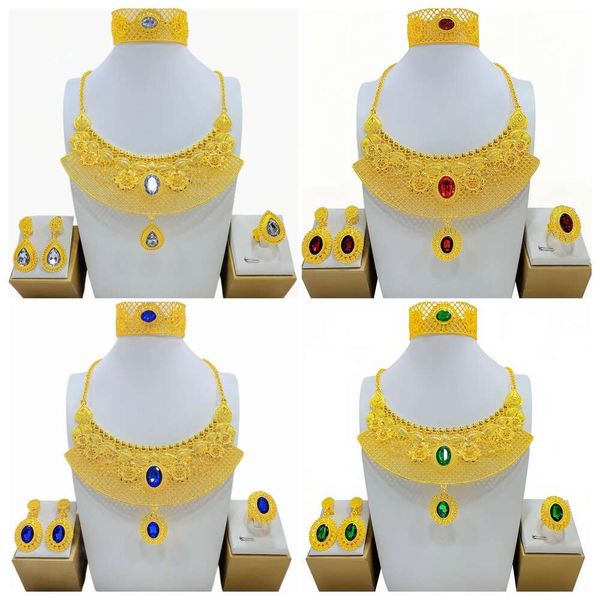 

Dubai Gold Jewelry Women's Bride Wedding Necklace Bracelets Earrings Ring Set of Four