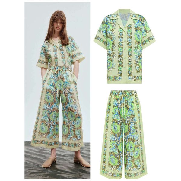 

undefined Designer womens ALE pant sets Girls brand Luxury Two-piece set pants set 2 green painted printed shirt blouse and long trousers suit summer 2024