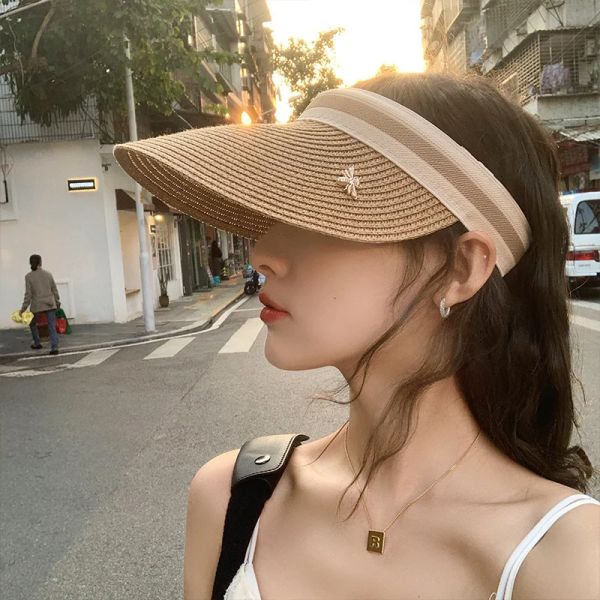 

Empty Top Straw Hat Travel Sunshade Sun Hat Cap Trendy Super Beach Foldable Roll Up Cap Cruise Wear Visor Cap For Womens, Black