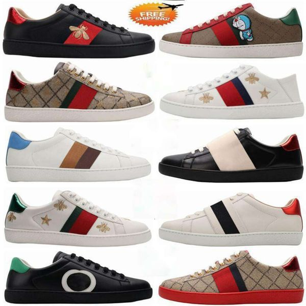 

Free Shipping Designer Mens Italy Bee Ace Casual Shoes Women White Flat Leather Shoe Green Red Stripe Embroidered Couples Trainers Sneakers Size 35-46