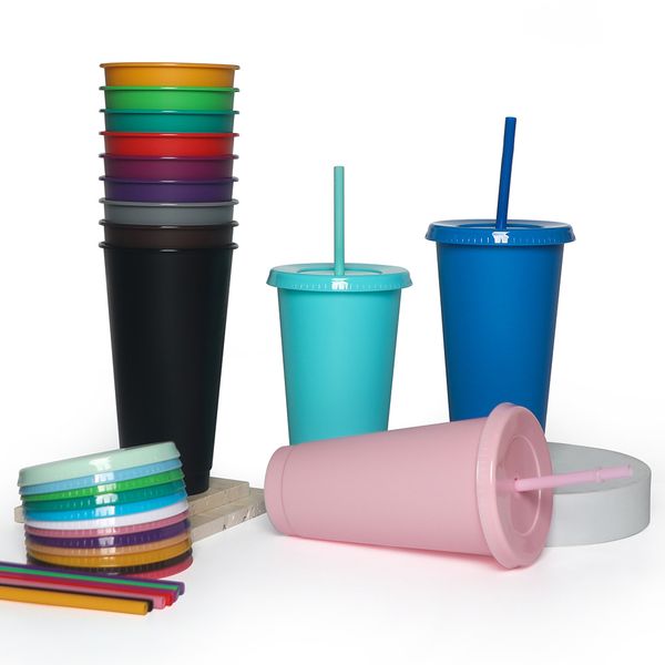 24oz Ice Cold Drink plastic Acrylic pp Cup Solid color 710ml Reusable Frosted BPA free plastic summer cups with Lids and straw