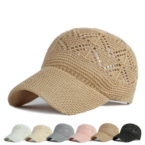 

Summer Women Hollow Baseball Cap Breathable Knitting Caps Holiday Mesh Hats Adjustable Cap Sun Hat Gorras, Beige