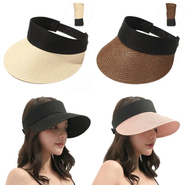 

1Pc Summer Wide Brim Beach Hat Casual Portable Straw Cap Foldable Visors Outdoor Sun Protection Hat for Women Solid Color, Pink