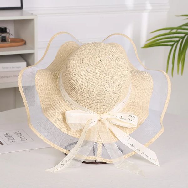 

Foldable Big Brim Floppy Girls Straw Hat Sun Hat with Bow Elegant Protection Shade Fashion Women Beach Hat 2021 gorras, White