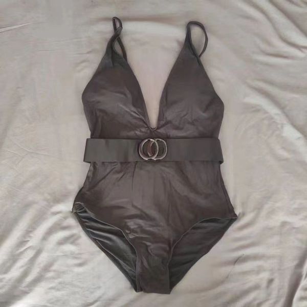 

Designer High Quality Sexy V-neck Fashion Letter Belt Halter Shoulder Beach Hot Spring One-Piece Swimsuit For Women, Black