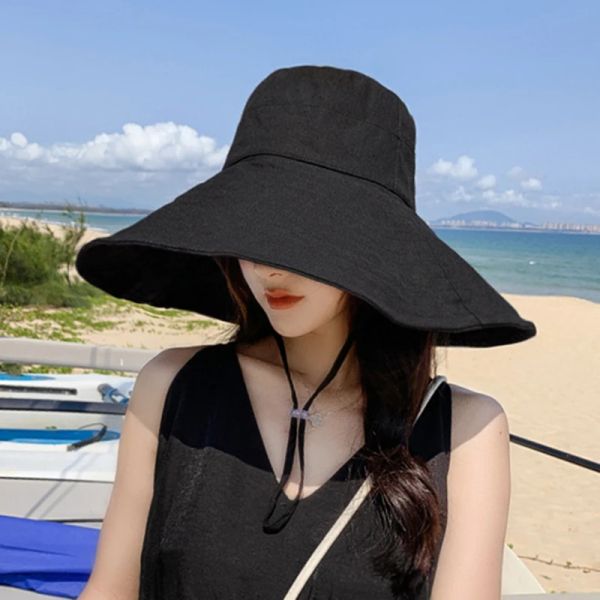 

Japan and South Korea Big Brim Hat Women's Spring and Summer Foldable Travel Sun Hat Sun Hat Solid Color Casual Fisherman Hat, Black