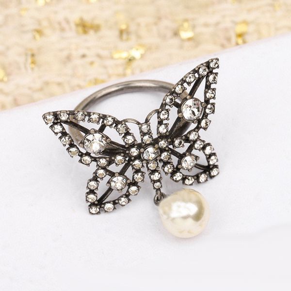 

2024 New Arrival Luxury Brand Fashion Butterfly Ring Smooth Brass Black Hollow Out Retro Pearl Style Women Party Jewelry High Quality