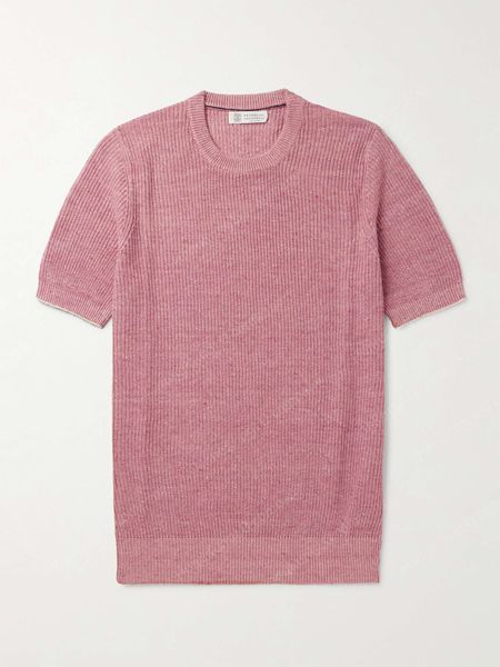 

Designer Mens T Shirts Casual Tees Summer Brunello Men Ribbed Linen and Cotton-Blend T-Shirt Cuccinelli, Pink