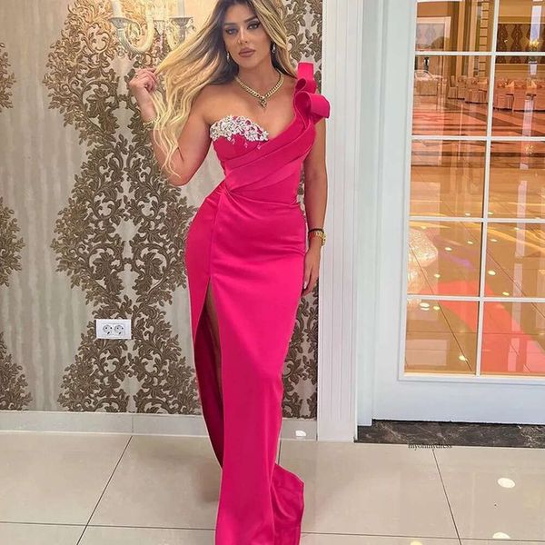 Fuchsia Long Bridesmaid Dresses One Shoulder Sheath Prom Gown Side Split Ruched Wedding Guest Dress 2023 0516