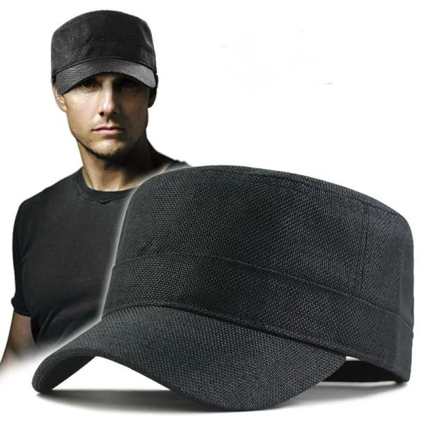 

2021 Summer Cool Thin Faux Linen Flat Top Sun Hat Men Big Size Army Military Cap 56-60cm 60-66cm, Black