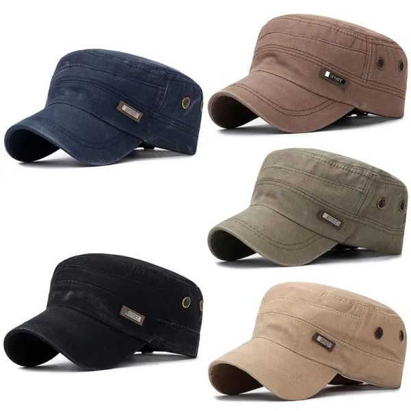 

New Fashion Men Military Cap Summer spring Casual Cadet Hat Washed Cotton Flat Top Caps unisex Vintage army Hats Man Caps, Black