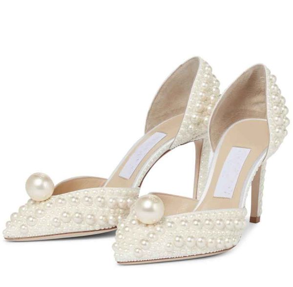 

2024 Elegant Bridal Wedding Dress Shoes Sacora Lady High Heel Sandals White Pearls Leather Luxury Brands Heels Women Walking Party Size35-43, Blue