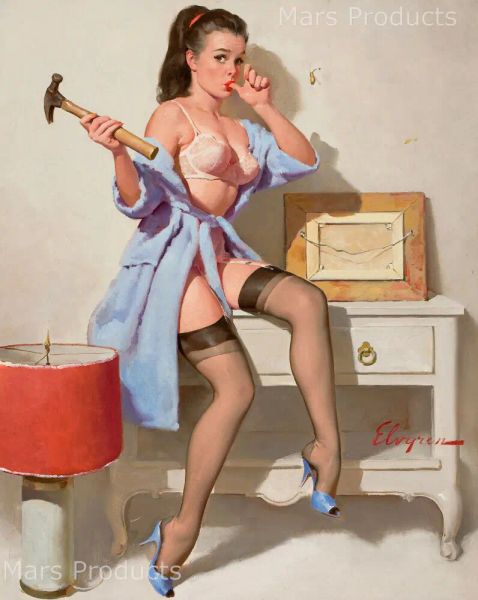 

Elvgren Sexy PinUp Girl 1967 "The Wrong Nail" Hammer Poster Canvas Print
