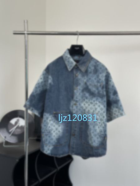 

2024SS new summer men's denim short sleeved jacket with chessboard pattern, women's short sleeved shirt ropahombre Chemise Luxe dress shirt hawaiian shirt 5570, Sky blue