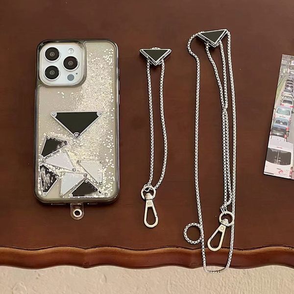 Designer Phone Case for Apple iPhone 15 Pro Max 14 13 Luxury Quicksand Building Blocks Chains Crossbody Shoulder Strap Necklace Lanyard Back Cover Coque Fundas Black
