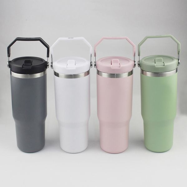 

30oz Tumbler H2.0 handheld Straw Lids Leopard Stainless Steel Coffee Termos Car Vacuum Cup 30 oz Bottles for Water Cold Warm With Box, Green