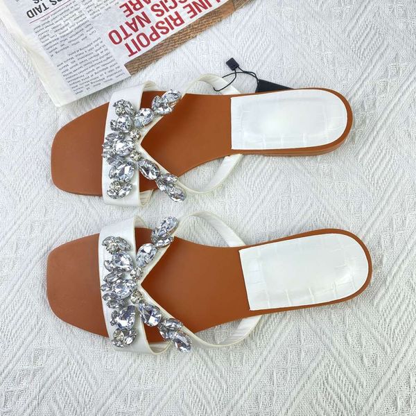 

Designer Za New Flat Sandals with Water Diamond Embellishments in a Straight Line Lazy Shoes Square Toe Open Back Empty Heel Slippers, White