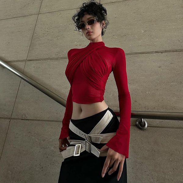 

Women's T Shirts Mesh See Through Shirt Women Cross Strap Slim Crop Top Short Sleeve Aesthetic Clothes Purple Solid Streetwear Ropa De Mujer, Black