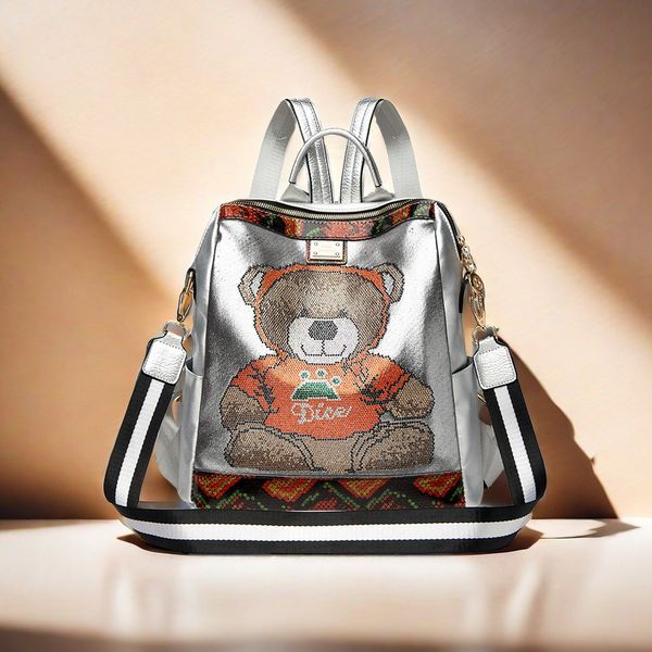 

Factory sales ladies shoulder bag 2 colors sweet and lovely cartoon handbags outdoor casual leather women's backpack Joker printed student backpack 840#, Silver