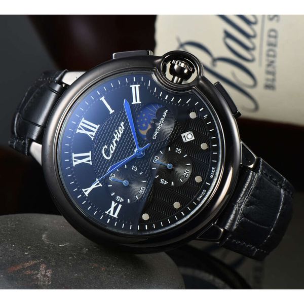 

New business men's leather strap quartz watch series 6 small needle run second men's quartz watch, Gray