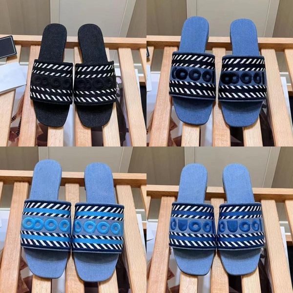 

Designer Denim slippers flat slides sandals web rubber slide Blue pink black floral canvas blue green flowers strawberry print men slipper womens casual sandal shoe, #2
